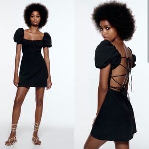 Zara Lenin blend mini black dress. Puff sleeves | M size